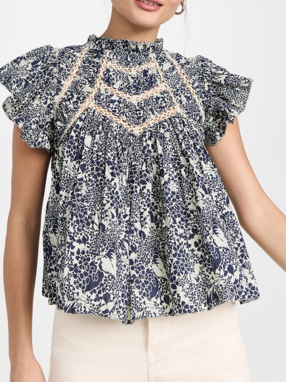 Sea New York top Priya Flutter Sleeve Floral navy blue pale green crochet lace S - Picture 1 of 17